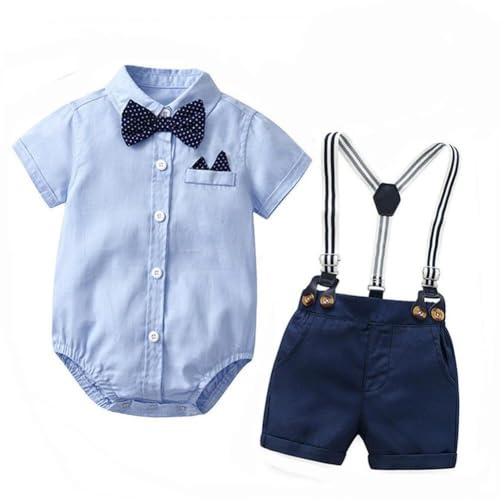 QUNERY Toddler Baby Boy Gentleman Outfits Short Sleeve Bodysuit Shirts Suspender Pants Summer Infant Baby Boy Suits Navy blue dots 3-6 months