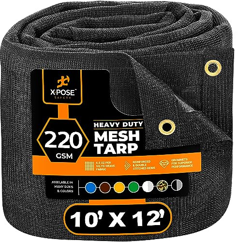 Xpose Safety Heavy Duty Mesh Tarp – 10’ x 12’ Multipurpose Black Protective Cover with Air Flow - Use for Tie Downs, Shade, Fences, Canopies, Dump Trucks – Tear Resistant
