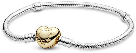 PANDORA Moments Schlangen-Gliederarmband mit Herz-Verschluss aus Sterling-Silber und vergoldeter Metalllegierung, kompatibel mit Charms und Anhängern aus der Moments Kollektion, Größe: 18cm