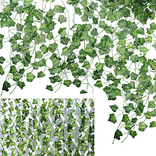 Feuilles de Lierre artificielles Vigne 12 pièces,Faux Lierre Vert CattleyaHQ,Plantes de Guirlande suspendues pour la décoration de Mur de fête de Mariage