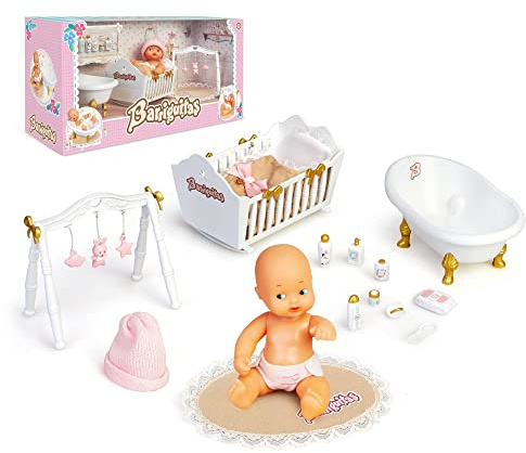 Barriguitas - Set di Accessori in Stile Classico e Bambola Neonato, Include Una giostrina e Una Coperta per Neonati, Una Vasca da Bagno Bianca e Una Culla