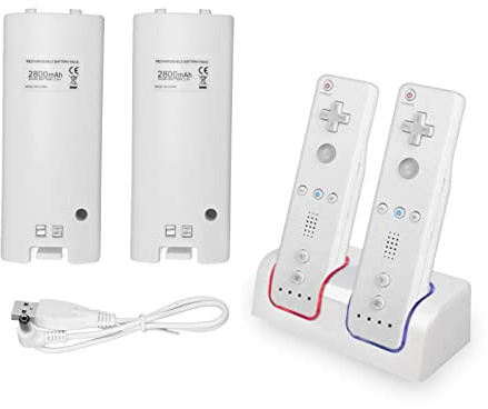 Yunseity Remote Battery Charger for Wii, Dual Charging Station for Wii/U Remote Controller, Charger Dock with 2 Pack 2800mAh Rechargeable Battery(White)