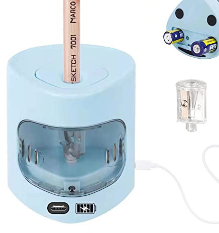 Electric Pencil Sharpener Mains Power JIJICZ 6-8mm USB and Battery Operated Heavy Duty Small Automatic Pencil Sharpener with Container for Kids, Artist, Student, USB Cable Not Included, Blue