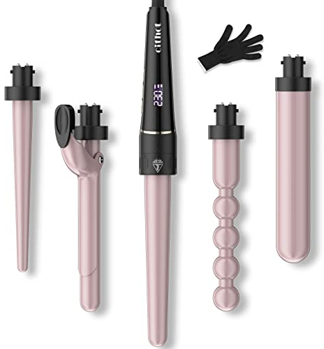 Fer à Boucler 5 en 1 Boucleur Céramique et Température Fer à Friser Réglable avec Écran LCD et Gant Kit Boucleur a Cheveux Rose