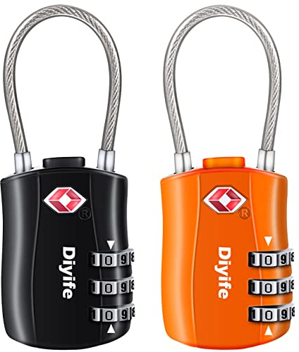 Diyife TSA-bagagelås, 2 stycken, 3-siffrigt säkerhetslås, kombinationslås, kodlås för resväska, bagageväska, etui med mera (svart och orange)
