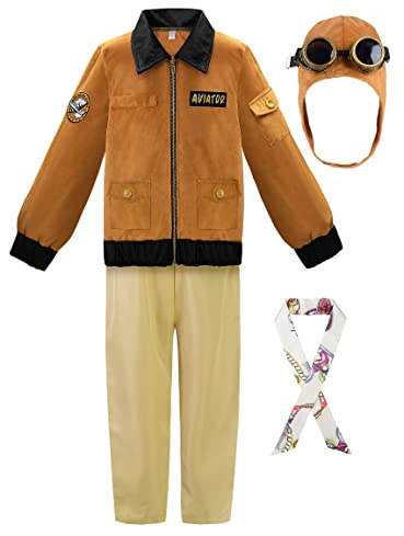 ReliBeauty Disfraz Aviador Niños 3-11 años Piloto Avion Retro con Gorro, Gafas y Pañuelo de Seda (100)