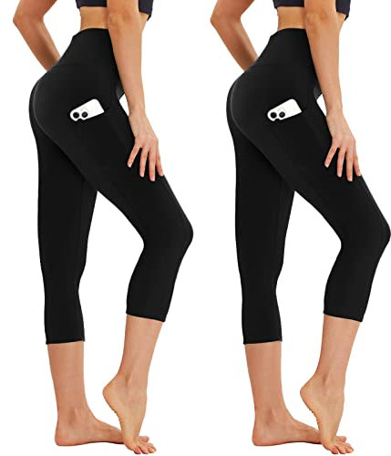 AMIYOYO Capri Leggings Damen mit Taschen 3/4 Sport Leggins High Waist Sporthose Blickdicht Elastisch 7/8 Yoga Hose Fitness Laufen für Outdoor 2er Pack
