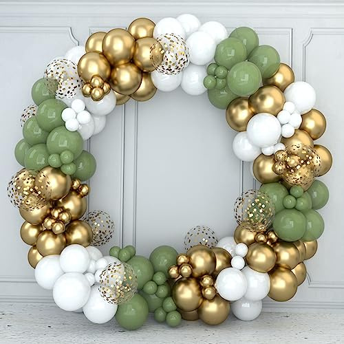 Luftballong, grön, vitguld med konfettiballonger, födelsedag, bröllop, olivgrön guld, babyshowers, babyfest
