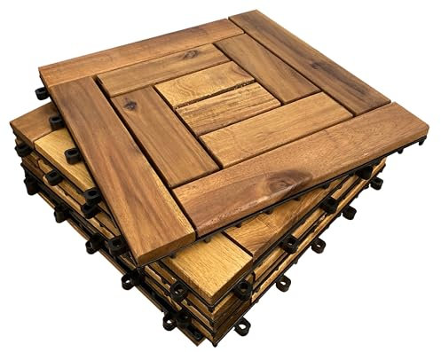 CLICK-DECK 10 Slat Hardwood Decking Tiles | Patio, Balcony, Concrete, Hot Tub Deck | 30x30cm Square Connect Flooring | Easy Installation | Great Drainage (18x Tiles)