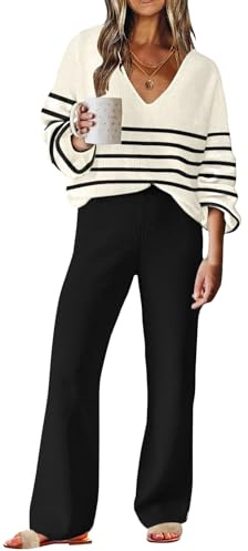 ETCYY NEW Womens 2 Piece Outfits Sweater Lounge Set Casual V Neck Knit Pajama Set Long Sleeve Top Wide Leg Pants Loungewear