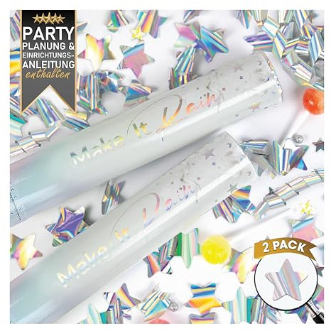 PrimePure Konfettikanone Silber Sterne Party Popper - 2 Stück - Konfetti Kanone Perfekt für Feier, Geburtstage, Karneval, Hochzeiten und Festliche Veranstaltungen