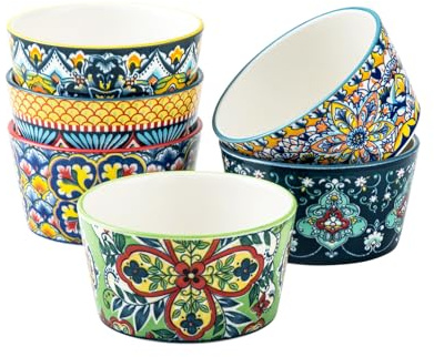 Ramekins Oven Safe for Creme Brulee - Porcelain Pudding Custard Cups 6 oz - Small Serving Bowls for Souffle, Dipping Sauce, Ice Cream, Baking Ramiken Set of 6 - Bohemian Style