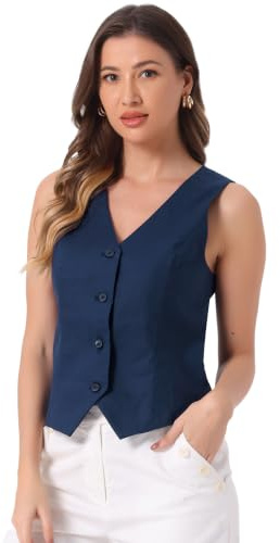 Allegra K Gilet Donna Estivo Senza Maniche Bottoni Scollo a V Blazer Profondo blu XL