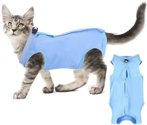 Cat Professional Recovery Suit, Pet Surgery Suit, Kitten Breathable Clothes, Cone E-Collar Alternative Bodysuit, Cat Onesie Anti Licking Vest Shirt for Abdominal Wounds Skin Diseases (Blue, M)