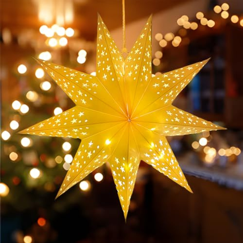Nircho Julstjärna upplyst, 45 cm, 3D vikbar pappersstjärna, hängande julstjärna, upplyst, juldekoration, för inomhus, papper stjärnljus, julfest, stjärna, ljusslinga (stjärna)