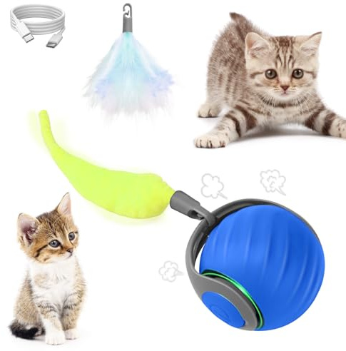 DAOUZL Palla Interattiva per Gatti, Palla Elettrica per Gatti , Auto-Attiva, 2 Modalità di Lavoro, Coda Sostituibile, Gioco Interattivo Gatto (Blu)