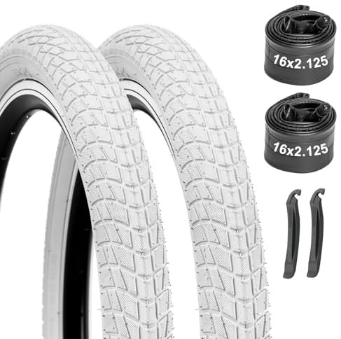 WINFAVO Bike Tires 16x2.125 2-Pack with Inner Tubes & Tire Levers – Heavy Duty Replacement Tires for Kids Bike, BMX, Mountain Bicycle (Pure White, Puncture Protection)