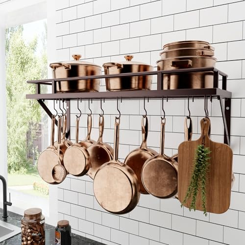 KES 30-Inch Wall Pot Rack, Oil Bronze, 88lb Capacity, 12 Hooks, Farmhouse