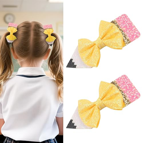 Back to School Pencil Bows Hair Clips, First Day of School Hair Clip, Glitter Sparkly Yellow Hair Bows 5 Alligator Clips Hair Barrettes for Teens Toddler Girls Kindergarten 1st 2nd 3rd 4th 5th Grade