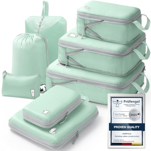 Samfolk Compression Packing Cubes for Suitcases Packing Cubes Compression Set Waterproof Suitcase Organiser Bags for Travel Suitcase Luggage Packing Organizer Bags Travel Essentials Green 8 Set