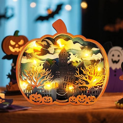 Decoration Automne, Deco Lanterne Citrouille Automne Interieur Avec LumièRe Led,Lanterne Citrouille Avec JéSus Et Maison En Bois, Convient Pour Les Ornements De Bureau (B)