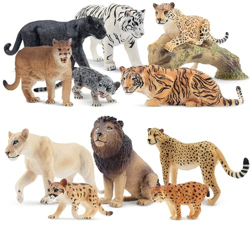 TOYMANY Set di 12 statuette di animali e tronco d'albero, leoni realistici, tigre, ghepardi e personaggi giaguari, animali in plastica, zoo giungla, foresta, animali per bambini