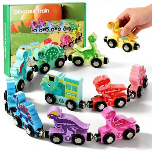Dinosaur Train Set,Wooden Train Toys for Toddlers, Dinosaur Animals Track Mat Set Birthday Presents for Toddlers,Learning & Development Toys for Toddler Boys Girls - C