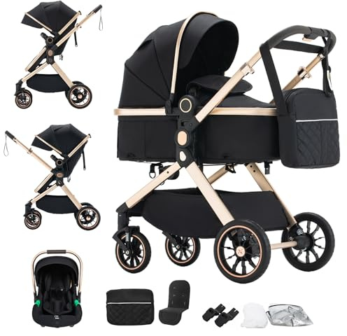 BEBBY Poussette 3 en 1 Poussettes Combinée Portable Pliant en Un,Poussettes Citadines Avec Siège,Paysage Haut Cadre en Aluminium Pour Nouveau-né (gen-U9-X-BLACK, U9-X Réglable bidirectionnel)