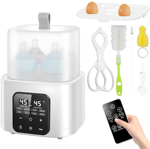 Baby Bottle Warmer, Plug-in Electric Bottle Steriliser, Milk Warmer for 4 Bottles, 6-in-1 Baby Bottle Sterilizer with LCD Digital Display, 48H Keep Warm, Fast Heating for Breastmilk Formula