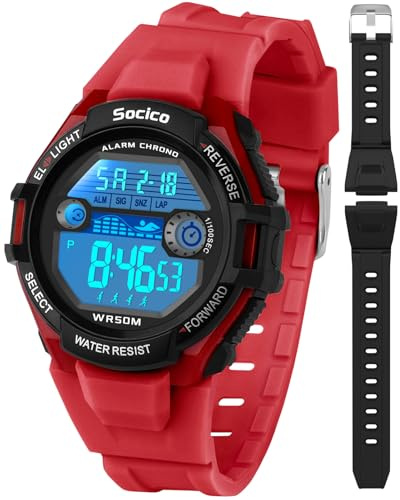 SOCICO Montre numérique pour Enfants, résistante à l'eau 5ATM, 7 Couleurs Lumineuses avec Alarme et chronomètre pour Filles et garçons âgés de 5 à 12 Ans.
