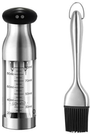 Lurrose Oliera da Cucina in Acciaio Inox 2 in 1 Spray e Oliera Pennello, Contenitore per Olio e Aceto, Dispenser Nebulizzatore per Barbecue e Cottura, Set da 2 Pezzi