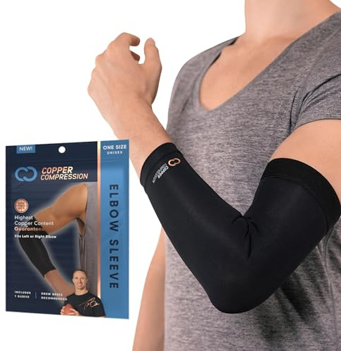 Copper Compression Elbow Sleeve - Copper Infused Orthopedic Brace for Tennis & Golfer Elbow, Tendonitis, Arthritis, Bursitis, Sore Joints & Muscles - Fits Men & Women -1 Sleeve - Original/Black - M
