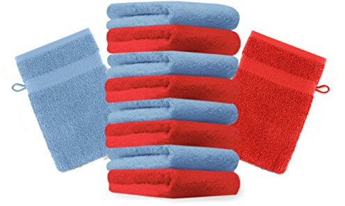 Betz paket med 10 tvättvantar premium 100 % bomull 16 x 21 cm (röd & ljusblå)