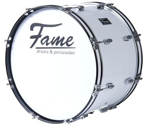 Fame Marching Bass Drum 20x12, Weiß, 7-Lagen Lindenholz Kessel, Inklusive Tragegurt & Beater, Schaumstoff-Dämpfringe, Prägnanter Klang, Ideal für Einsteiger in Marschierende Percussion