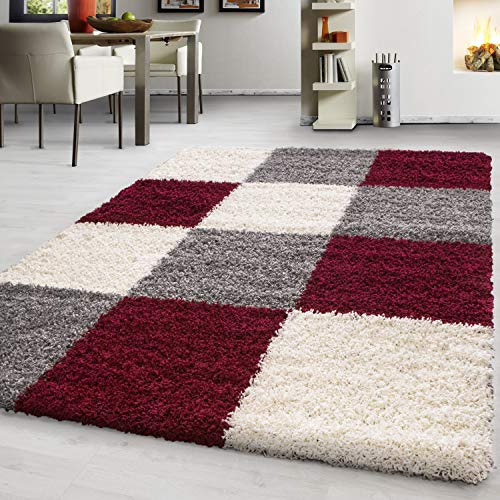 Teppium Tapis à Poils Longs pour Salon, Design à Carreaux, Chambre, Salle à Manger, Tapis de Cuisine Doux et Moelleux, Facile d'entretien Taille: 160 x 230 cm, Couleur: Rouge