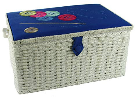 Sewing Online Large Sewing Basket,White with Navy Embroidered Buttons Lid | 32 x 25 x 20cm | Storage & Organiser Box with Compartments for Sewing Supplies/Accessories - FL-012