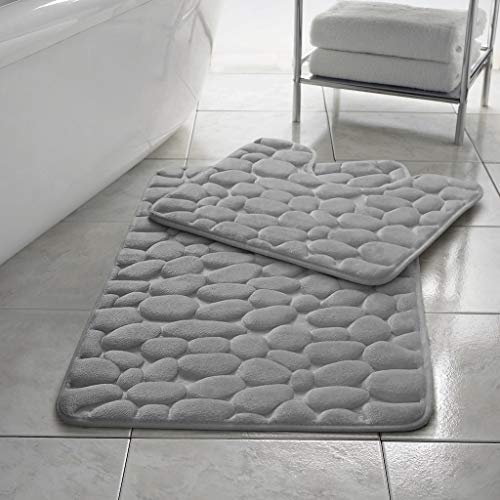 Comfort Collections Bath Mat Set 2 Piece Non Slip Soft Pedestal and Bath Rug Memory Foam Pebble Bathroom Shower Mat STYLE: PEBBLE COLOUR: SILVER