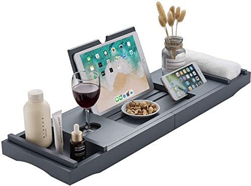 Unibos Extendable Bath Tub Caddy Bathroom Trays with Tablet Phone Slots, Candle Mug/Cup Holder, Bathroom Organiser Soap Holder - Grey (Grey - With Folding Leg)