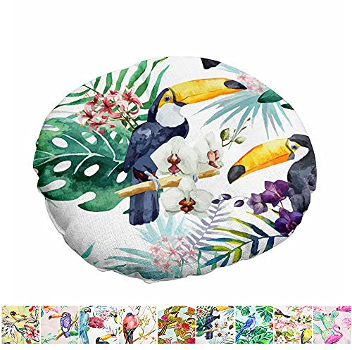 Morbuy Stuhlkissen Runde Sitzkissen Blumen Vogelserie Atmungsaktiv Baumwolle Leinen Tatami Komfortable Stühle Bodenkissen Sitzauflagen für Outdoor Garten Office Sessel (40x40cm,Tukan)