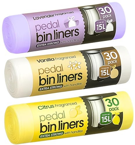 Lot de 90 sacs poubelle parfumés extra forts de 15 L | Sacs poubelle parfumés à la lavande, à la vanille, aux agrumes - 3 rouleaux de 30