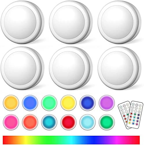 Wireless LED Puck Lights, 16 Colors Changeable Under Cabinet Battery Powered Dimmable Lighting With 2 Remote Controls & Timing Function for Kitchen Closet