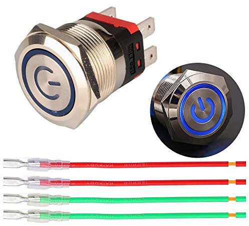 Guuzi 22mm Interruptor de Botón Pulsador con Enclavamiento 12V-24V 15A con Símbolo de Energía LED Azul,Panel de Interruptores de Metal Impermeable con Cable para Automóviles,Yates,Electrodomésticos
