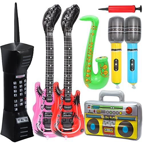 Rock Star Toy Set - 8 Pack Inflatable Instruments, Guitar, Saxophone, Boom Box, Microphone, Mobile Phone for 80's 90's Party Decorations