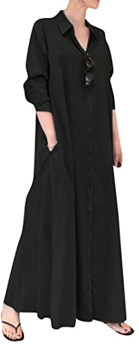 EFOFEI Donna Abiti Maxi Flussi più Dimensioni Allentati più Dimensioni Lunga Camicia Abito Adatta Casual Elegante Lungo Nero 4XL