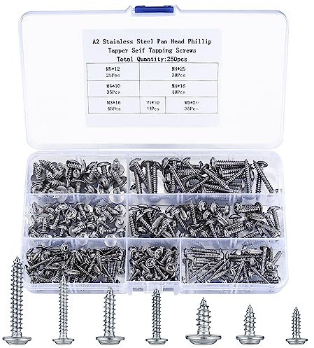 250 Pièces Jeu de Vis Autotaraudeuses, Vis à Bois à Tête Cruciforme Ronde, visser Autoperceuses Acier Inoxydable - M3/M4/M5