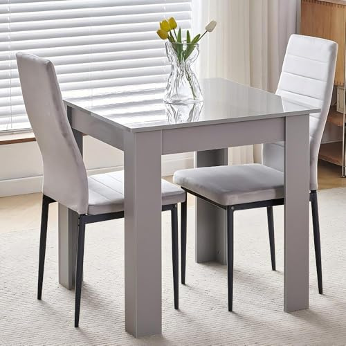 Homullel 75x75 cm Small Dining Table and 2 Chairs, 2 Seater Table and Chairs Set Kitchen Dining Room Set for 2, Compact, Space Saving, Wooden, Glossing Tabletop Grey (2 Seats, Flannel Grey #1)