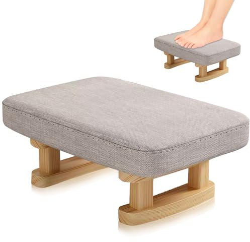 Duscdesp Fußhocker mit Holzfüßen, Fußbank Holz mit Gepolstertem Sitz Fusshocker aus Leinenstoff, Couch Polsterhocker Sofa Sitzhocker Pouf Kleiner Hocker für Wohnzimmer Schlafzimmer Büro (Hellgrau)