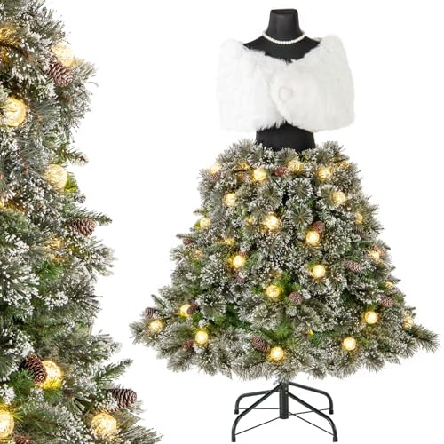 COSTWAY Albero di Natale Artificiale 150 CM con Manichino Pre-Illuminato, Albero di Natale a Forma di Abito con 465 Punte di Rami, 50 Luci a LED, 36 Pigne, Scialle, Collana