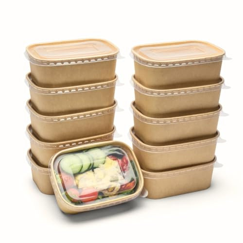London Coffee Cups Lot de 50 boîtes alimentaires rectangulaires en papier kraft avec couvercles en polypropylène de 650 ml, boîte à salade en papier kraft, résistantes à l'huile et à l'eau, pour plats