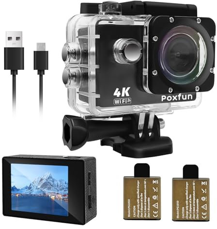 Poxfun Action Cam 4K, Impermeabile Action Camera 30M 170°Grande Angolo USB Ricaricabile, 2x1050mAh Batteria molto Adatto per Immersioni, Nuoto, Ciclismo, Arrampicata e Sci